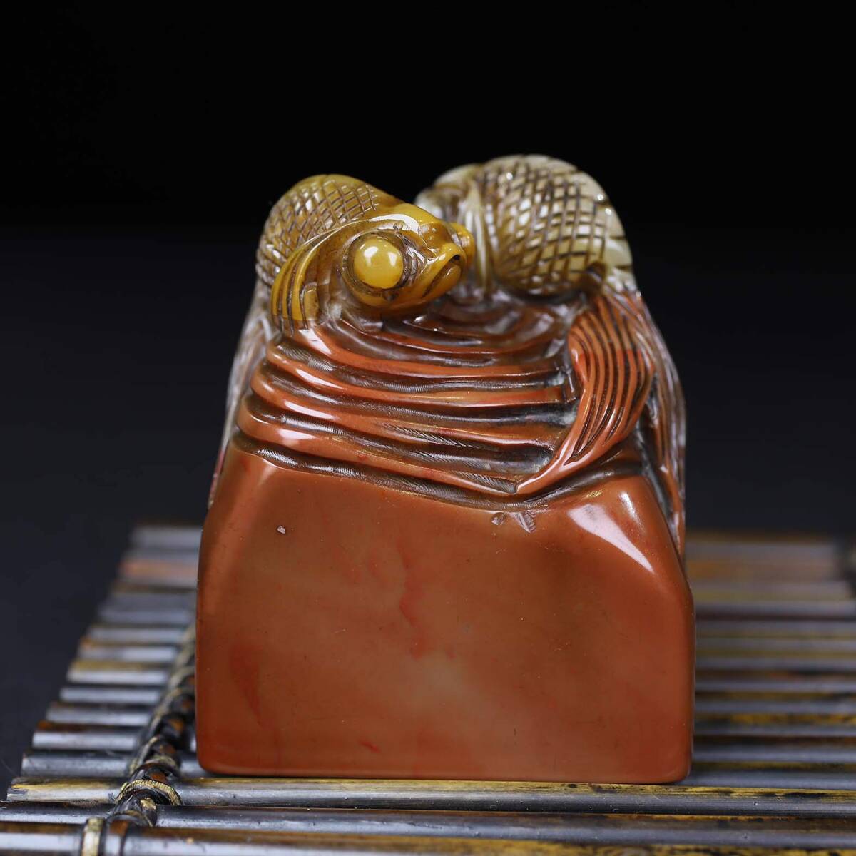 置物 仁】『寿山石・芙蓉石・細密彫・金玉滿堂印章・置物・賞物』極細