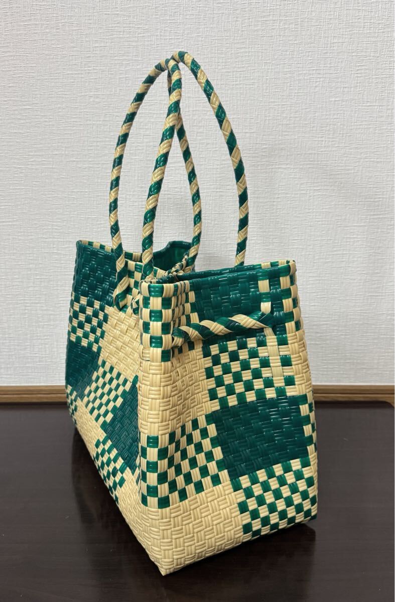 プラカゴ メルカド トートバッグ　ハンドメイド マルシェ かごバッグ パサール　Lサイズ　深緑×クリーム