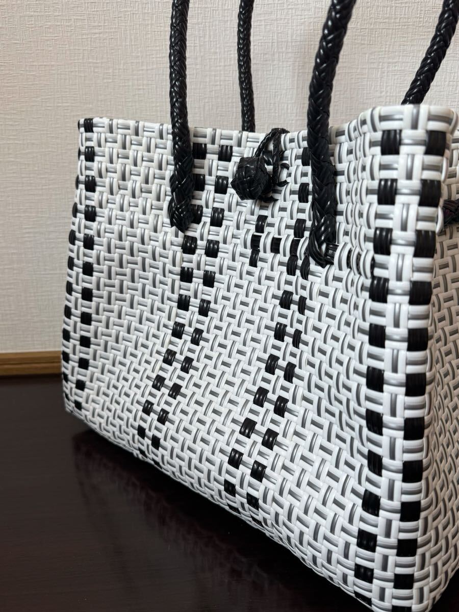 プラカゴ メルカド トートバッグ　ハンドメイド マルシェ かごバッグ パサール　Lサイズ ホワイト×シルバー×ブラッガ?