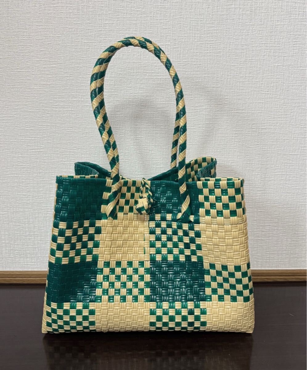 プラカゴ メルカド トートバッグ　ハンドメイド マルシェ かごバッグ パサール　Lサイズ　深緑×クリーム