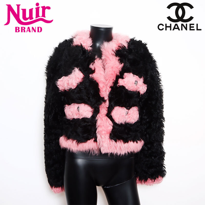 シャネル CHANEL ジャケット 2021 21K CHANEL シャネル ラム ファー 毛皮 ココマーク ボタン バイカラー P71634 ピンク