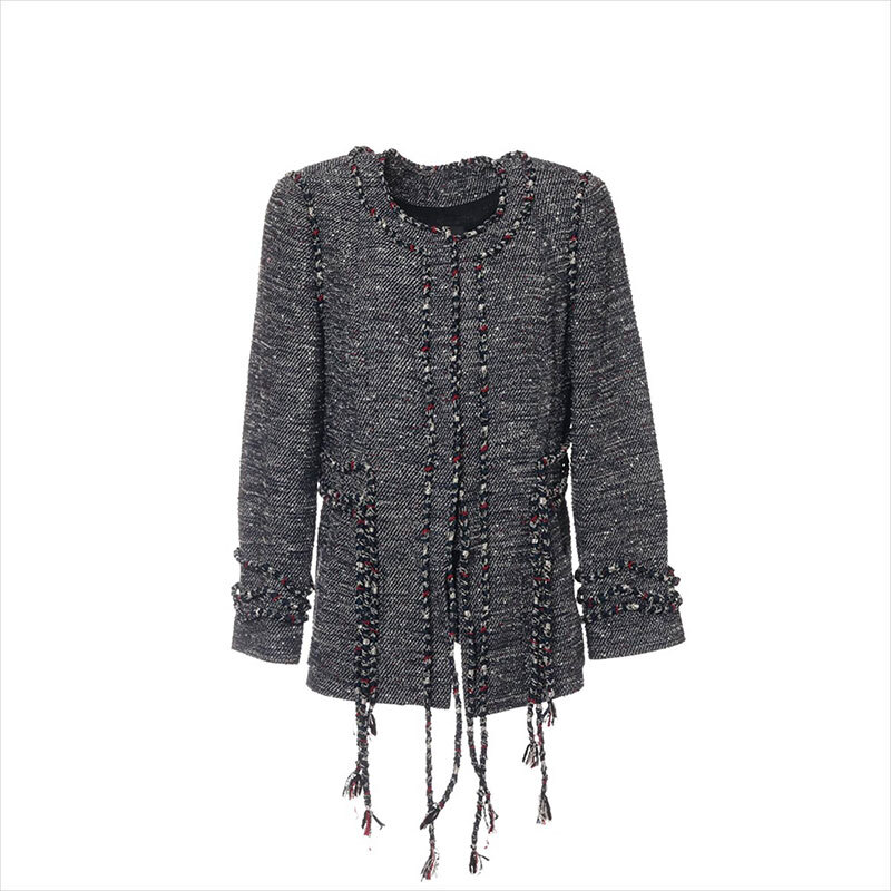 シャネル CHANEL ジャケット ノーカラー Size:42 ドレイプ ツイード ネイビー