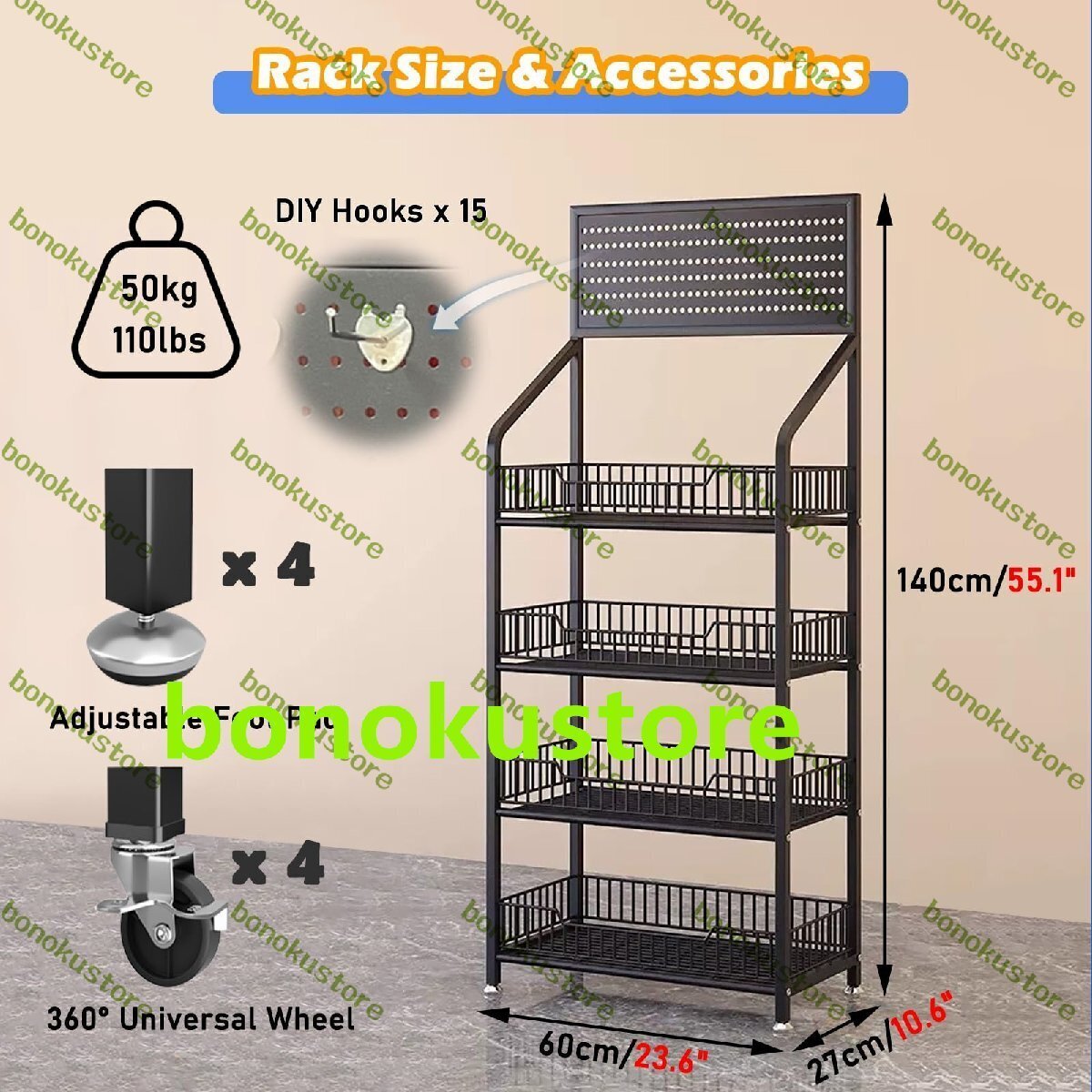 スナック収納ラック ガードレール付きフロアスタンディングスーパーマーケットスナックシェルフ4段キッチンスパイスカートチップホルダー