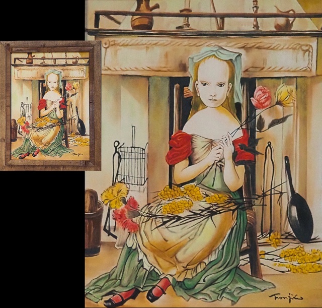 絵画 【模写】作者不明 暖炉の前の少女 藤田嗣治 手描き 表 絵画 【模写】作者不明 暖炉の前の少女 藤田嗣治 手描き 表