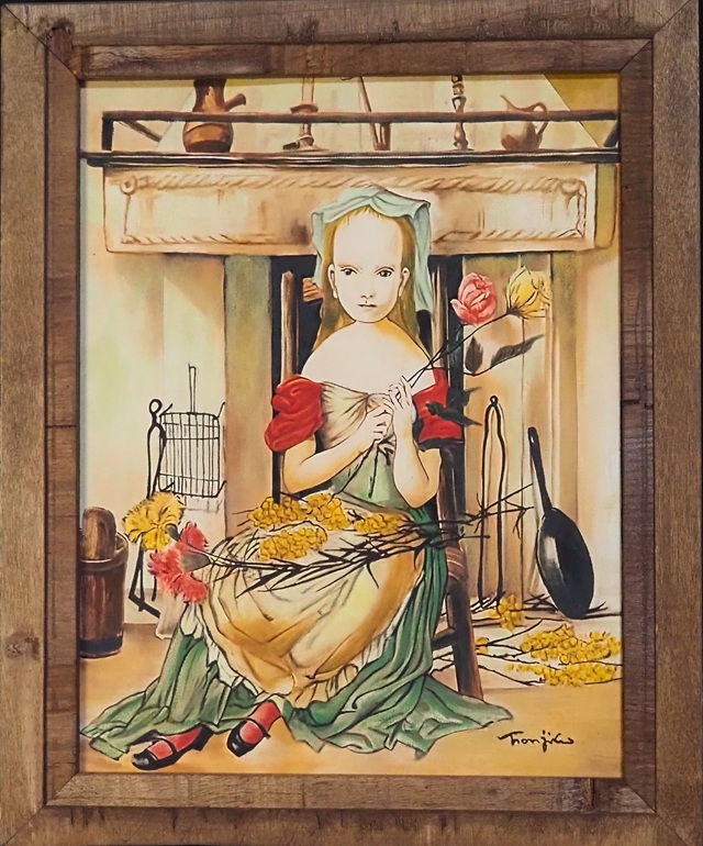 絵画 【模写】作者不明 暖炉の前の少女 藤田嗣治 手描き 表 絵画 【模写】作者不明 暖炉の前の少女 藤田嗣治 手描き 表