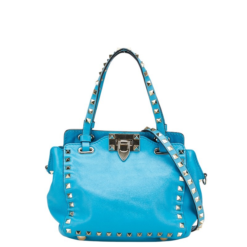 ヴァレンティノ ガラヴァーニ ロックスタッズ ミニ ショルダーバッグ ハンドバッグ 2WAY ブルー レザー レディース VALENTINO 【中古】_画像1