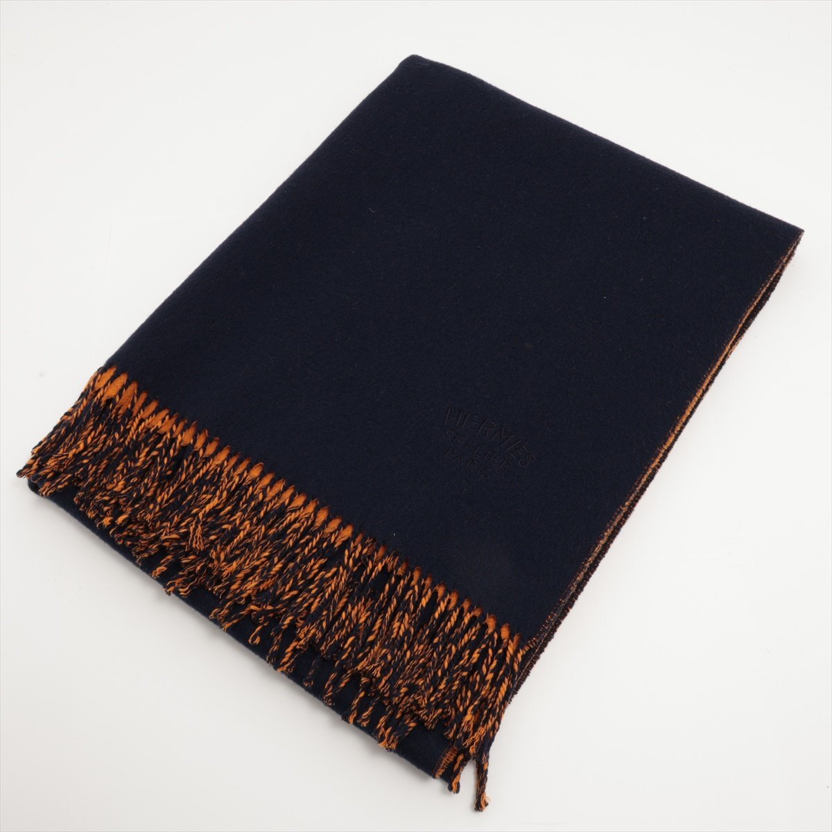 □1円□極美品□エルメス□カシミヤ 100% ロゴ 刺繍 ネイビー □1円□極美品□エルメス□カシミヤ 100% ロゴ 刺繍 ネイビー
