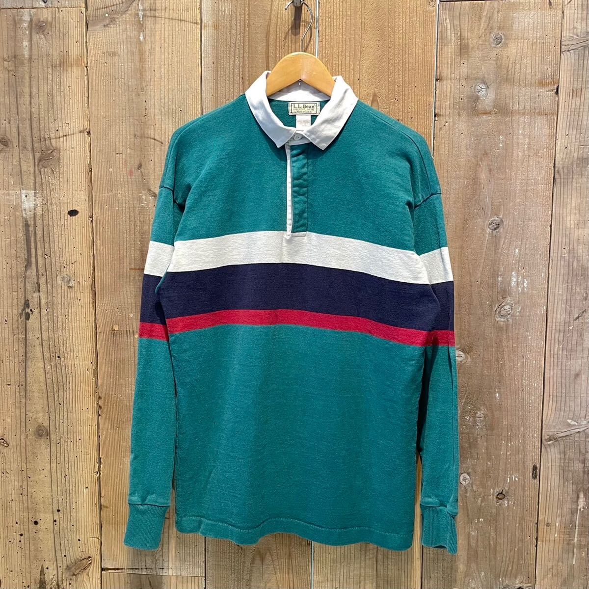 【サイズ M】80's USA制 L.L.Bean ラガー シャツ vintage 90s アメリカ古著 エルエルビーン 長(zhǎng)袖 ポロシャツ ボーダー