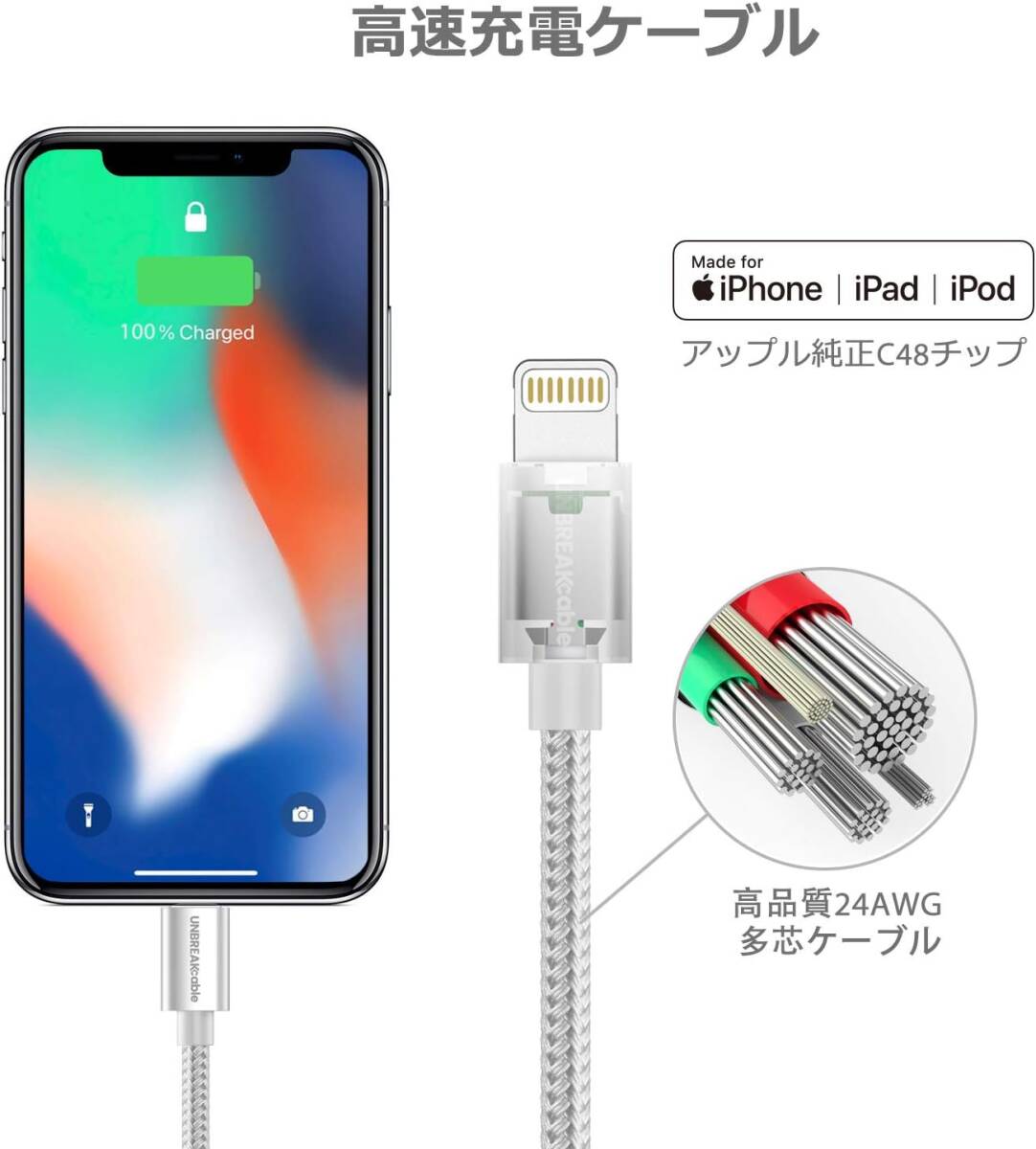 iPhone 充電ケーブル「Apple MFi認証」ライトニング iPhone 14 14 Plus 14 Pro 14 Pro Max 13 12 SE iPad iPod各種対応 (1m )_画像3