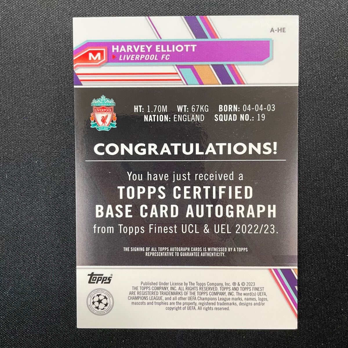 2022-23 Topps Finest UEFA Harvey Elliott Auto Liverpool 直筆 2022-23 Topps Finest UEFA Harvey Elliott Auto Liverpool 直筆