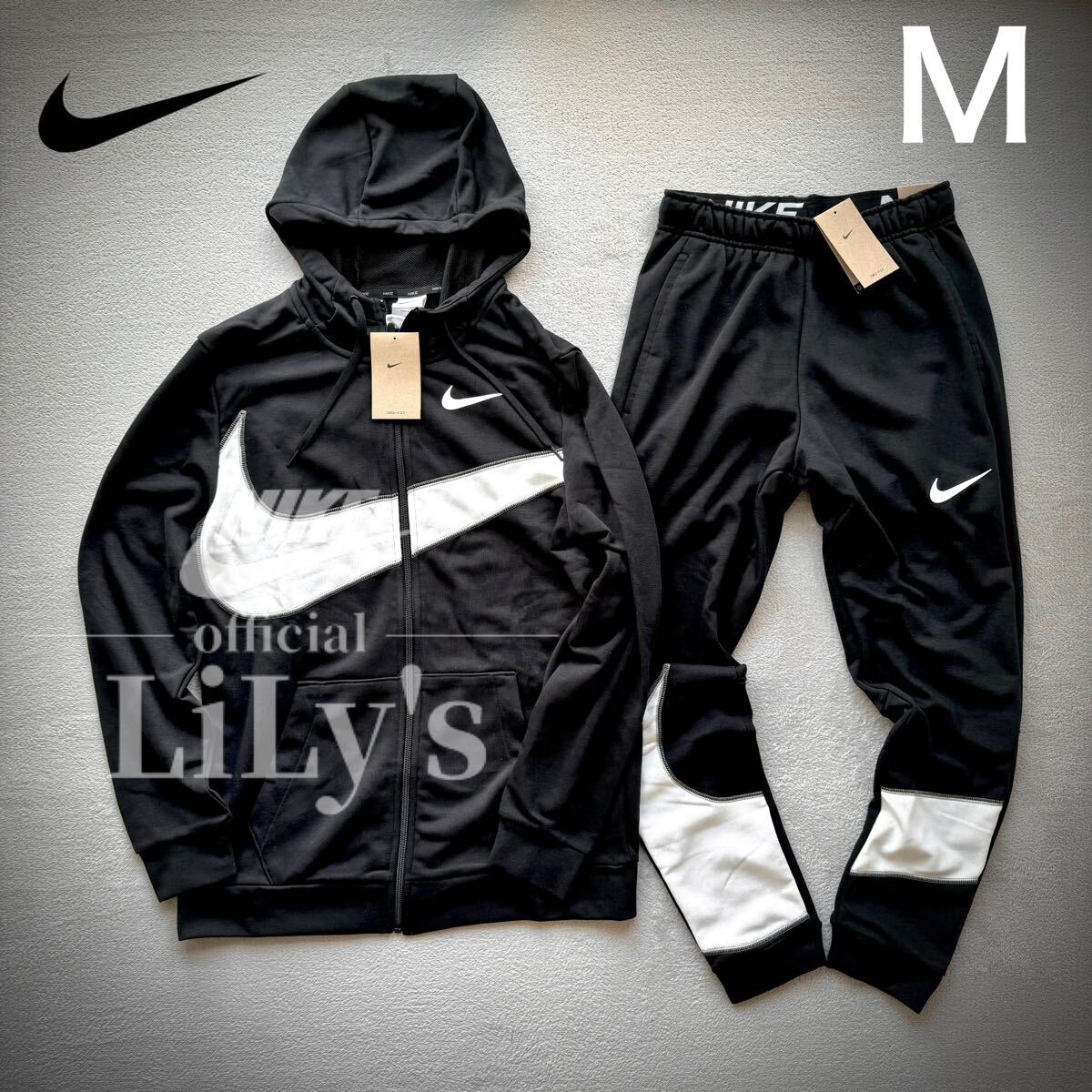 新品　NIKE上下セットアップ　Ｍサイズ　黒白　ビッグスウォッシュ　フリース　ナイキ　FB8576 FB8578