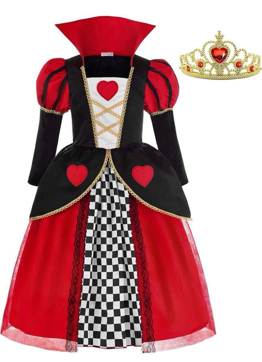 大特価 女王 コスプレ キッズ ドレス ワンピース ティアラ付き 女の子 プリンセス 150サイズ 仮装 衣装 子供服 ハロウィン 赤x黒 ハート 