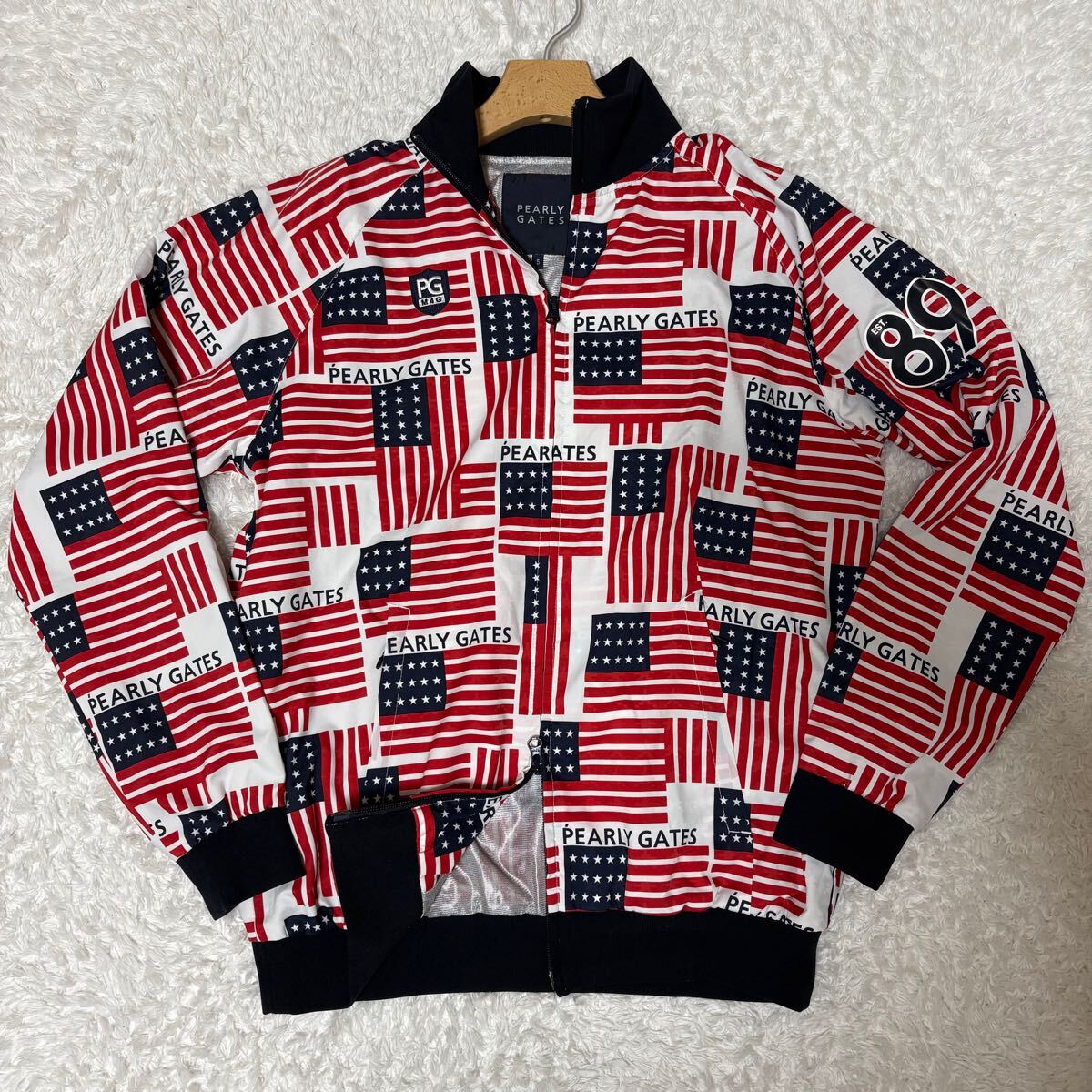 極美品/希少●PEARLY GATES L 5 パーリーゲイツ 89ロゴ 星条旗 総柄 蓄熱 ジャケット ドライバーズ ゴルフウェア ブルゾン 近年モデル
