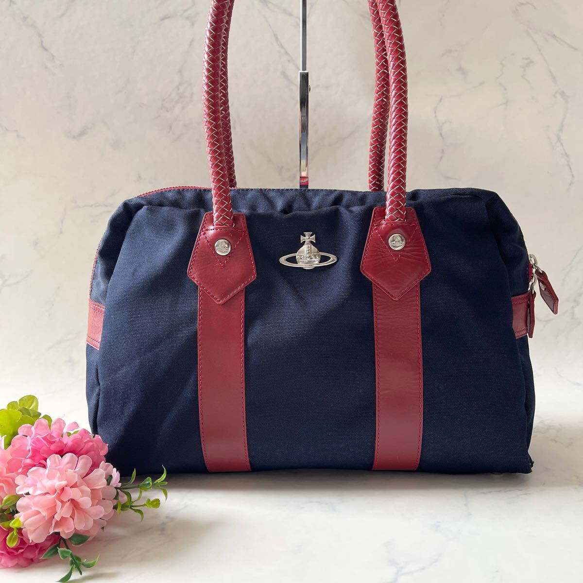 Vivienne Westwood ヴィヴィアンウエストウッド トートバッグ 編み込み オーブ ネイビー レッド
