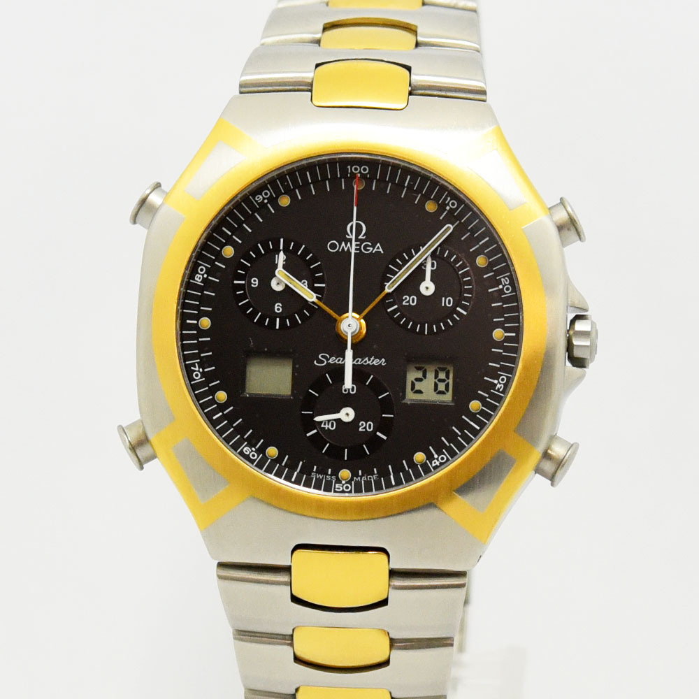 オメガ 中古 メンズ OMEGA シーマスター ポラリス クォーツ クロノグラフ YG ゴールド SS ステンレス ブラック 軽仕上げ