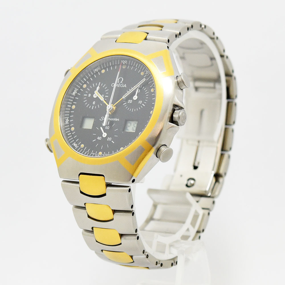 オメガ 中古 メンズ OMEGA シーマスター ポラリス クォーツ クロノグラフ YG ゴールド SS ステンレス ブラック 軽仕上げ