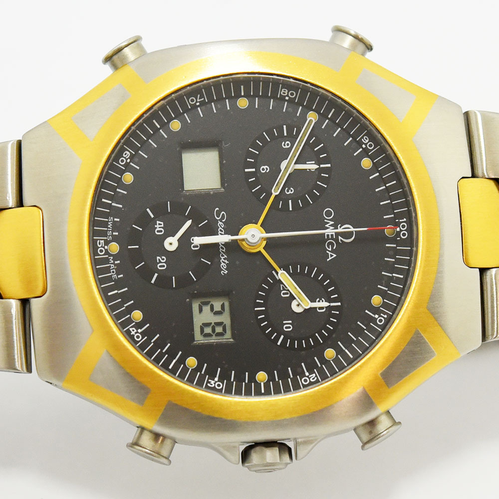 オメガ 中古 メンズ OMEGA シーマスター ポラリス クォーツ クロノグラフ YG ゴールド SS ステンレス ブラック 軽仕上げ