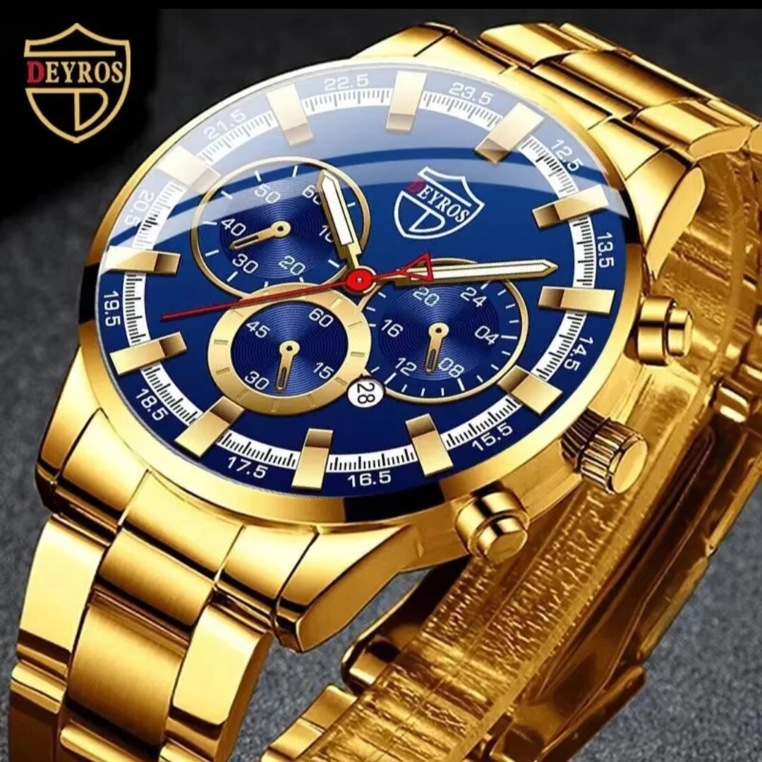 即決　送料無料 ■DEYROS　　　金青■ メンズ 腕時計 ウォッチ ビジネス フルスチール クォーツ トップブランド ラグジュアリー カジュアル