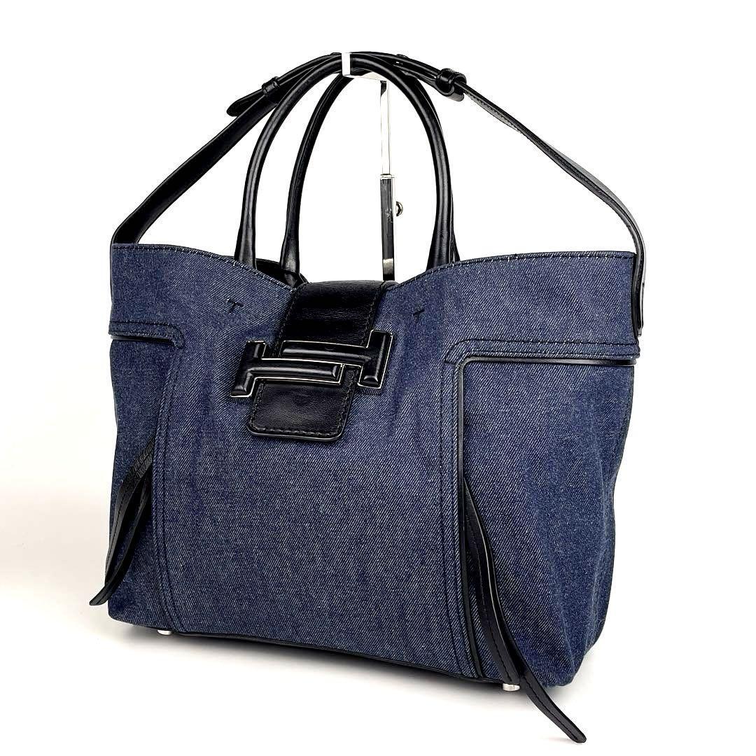 【極美品】TOD'S トッズ トートバッグ 2way ダブルT 裏地総柄 肩掛け ハンドバッグ デニム レザー 黒色 ブラック インディゴ 男女兼用 A4可_画像2