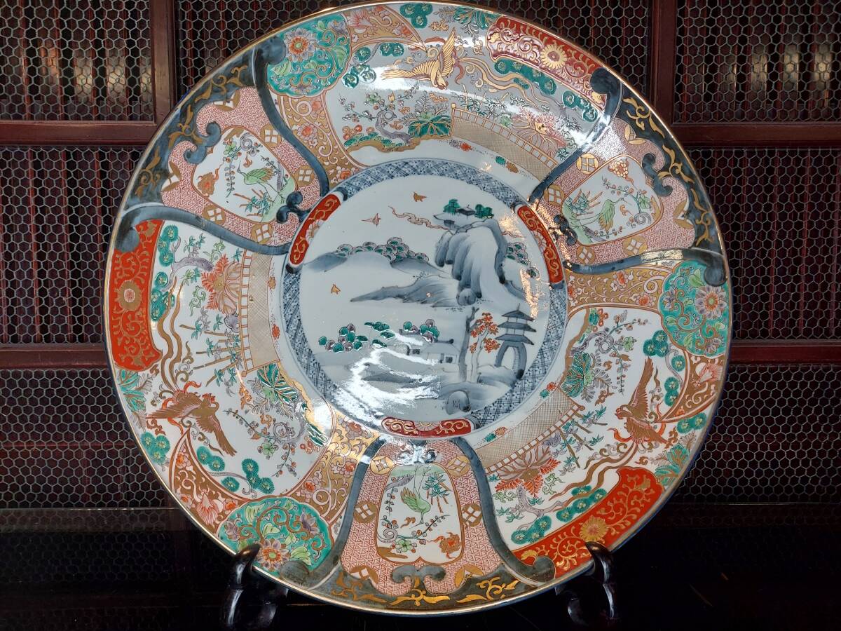 K01-0331 古伊万里 大皿 46㎝ 一尺半 山水窓絵 染錦手金彩色絵 K01-0331 古伊万里 大皿 46㎝ 一尺半 山水窓絵 染錦手金彩色絵