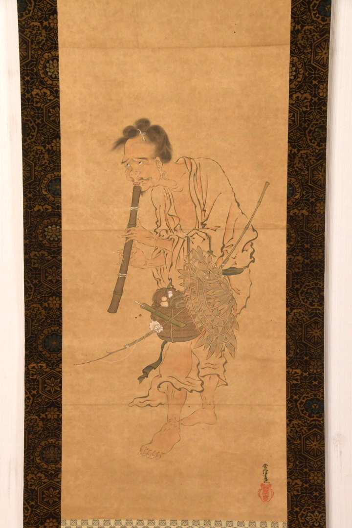 593(模写) 掛軸 狩野常信 吹笛人物図 ○ 絹本 日本画 掛け軸 593(模写) 掛軸 狩野常信 吹笛人物図 ○ 絹本 日本画 掛け軸