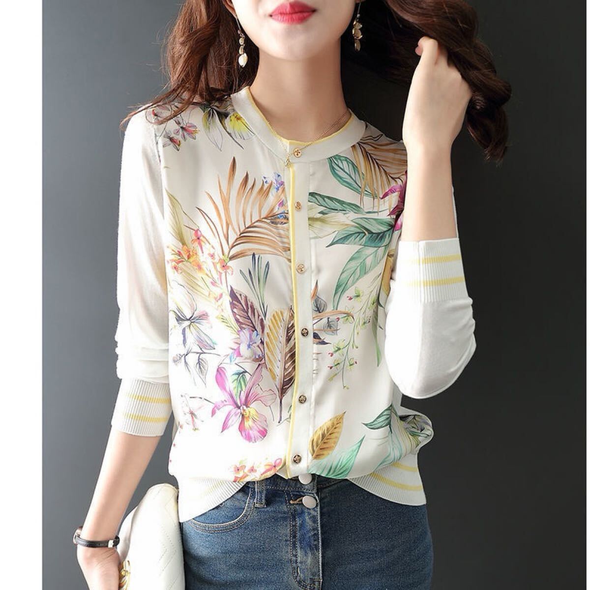 レディーストップス長袖ニットカーディガン花柄日焼け止め