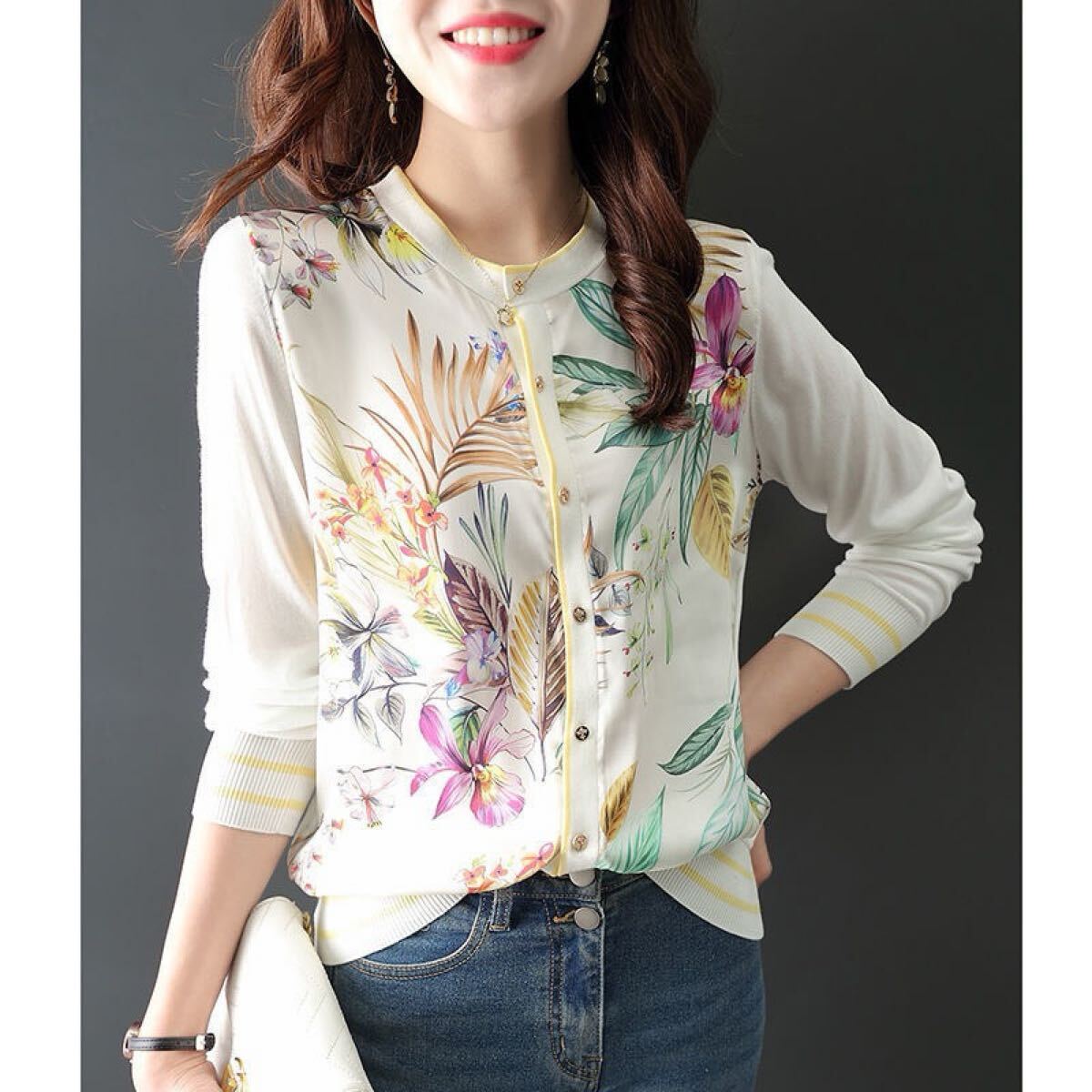 レディーストップス長袖ニットカーディガン花柄日焼け止め