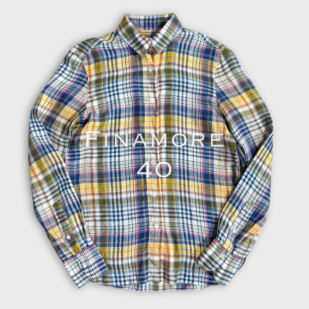 美品 FINAMORE フィナモレ リネン チェックシャツ 長袖 レディース 40