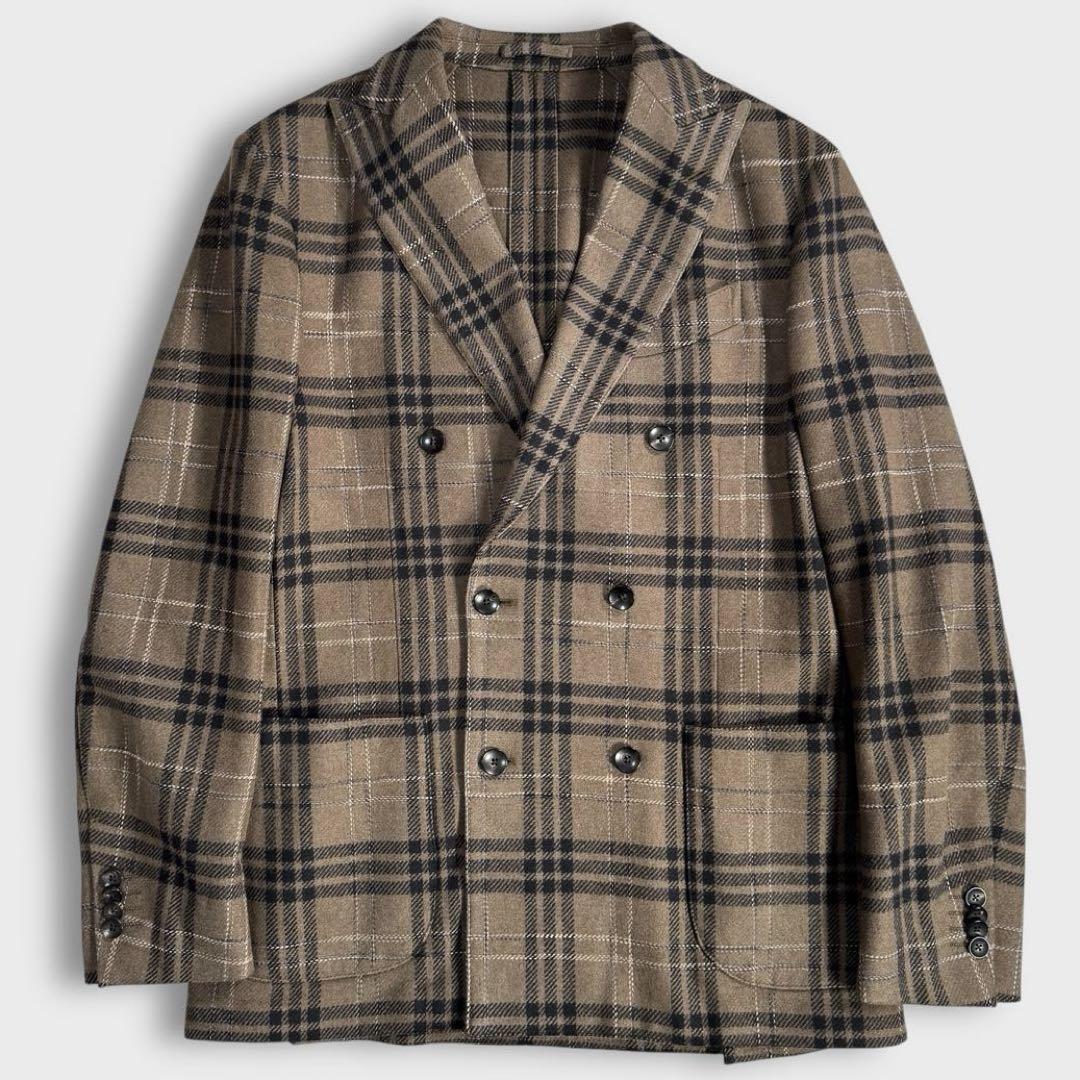 J7255 新品 カルーゾ カシミヤ混チェック柄フランネルジャケット 茶 52 J7255 新品 カルーゾ カシミヤ混チェック柄フランネルジャケット