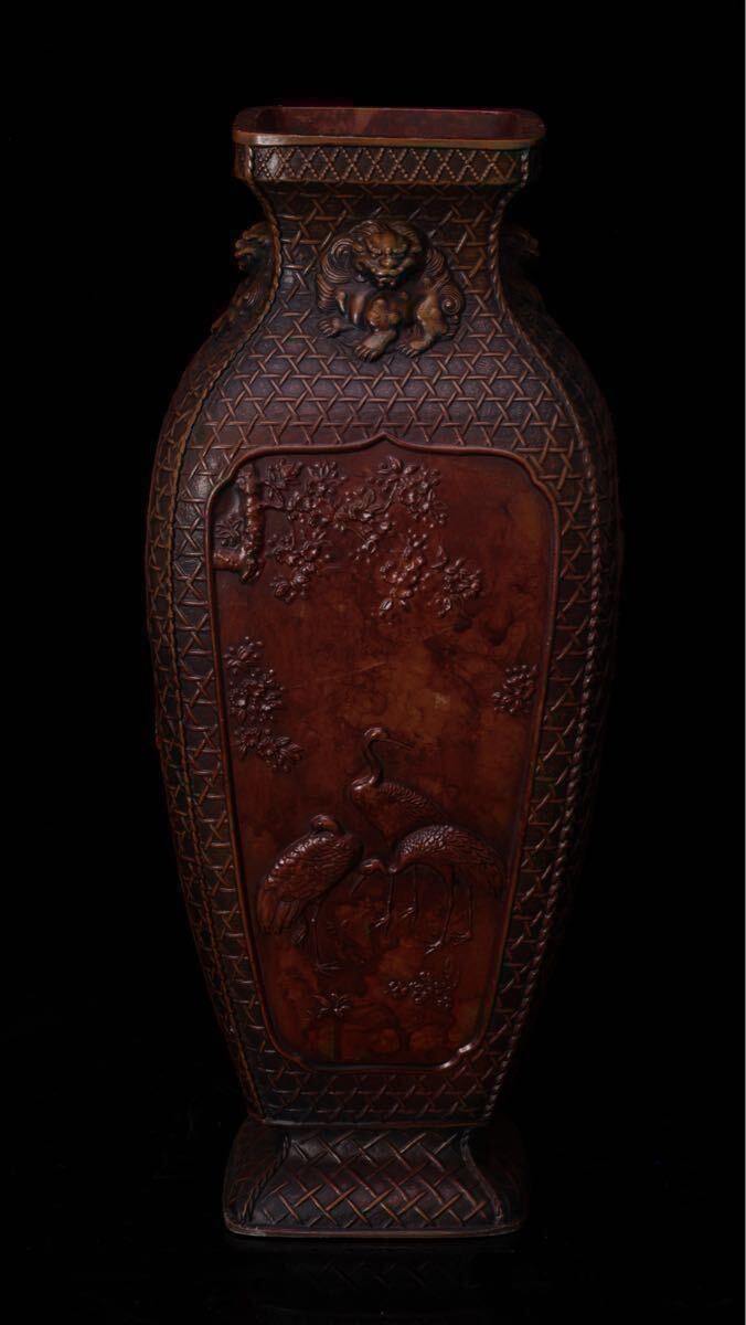 日展金工家 名工〈村田宏 作〉高岡銅器 花鳥図彫竹編籠形獅子耳 日展金工家 名工〈村田宏 作〉高岡銅器 花鳥図彫竹編籠形獅子耳