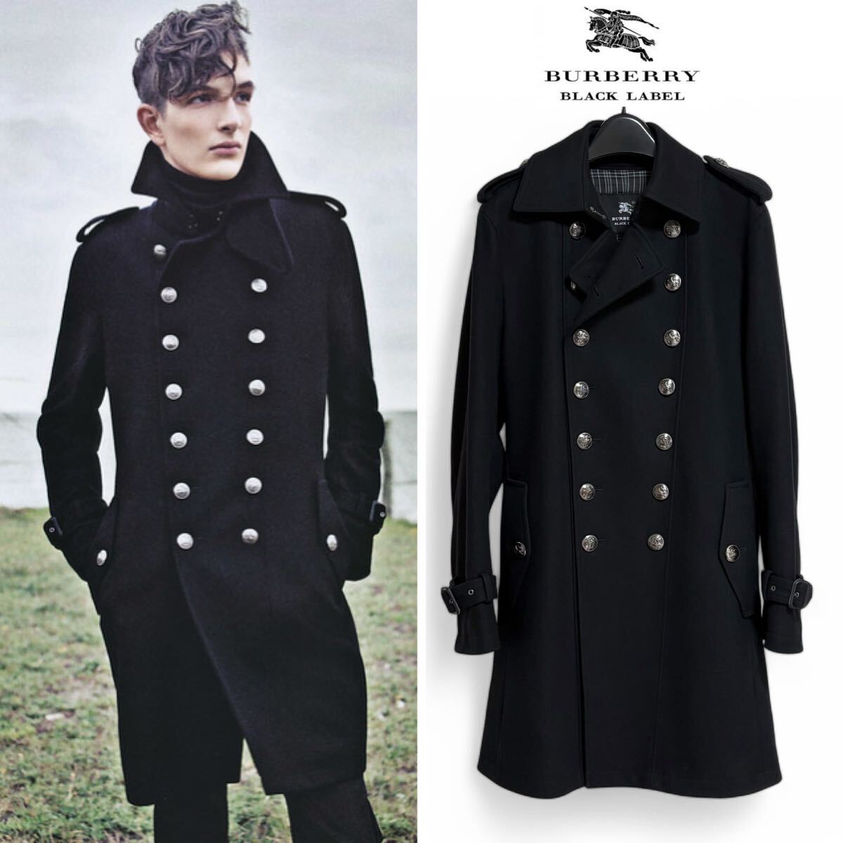 美品 BURBERRY BLACK LABEL ナポレオンコート S ブラック カシミヤ混 バーバリーブラックレーベル チェスター ウール 里地チェック 銀釦