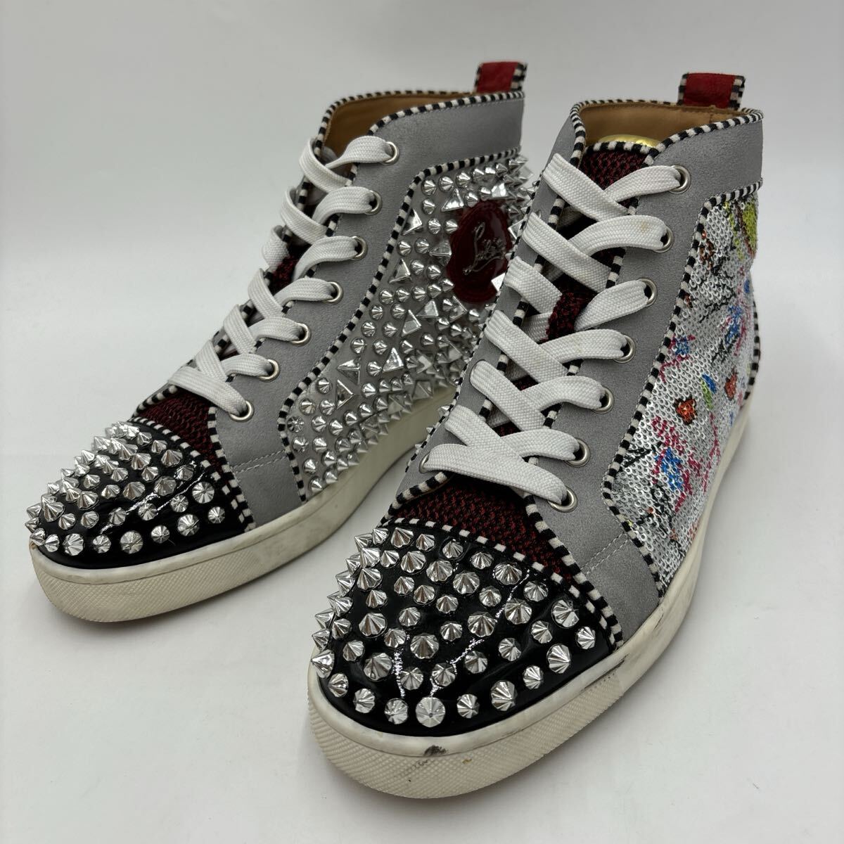 ＊ 付屬品完備 18SS Christian Louboutin クリスチャンルブタン NO LIMIT FLAT PAT NACR スタッズ HIGH CUT スニーカー EU40 25.5cm メンズ