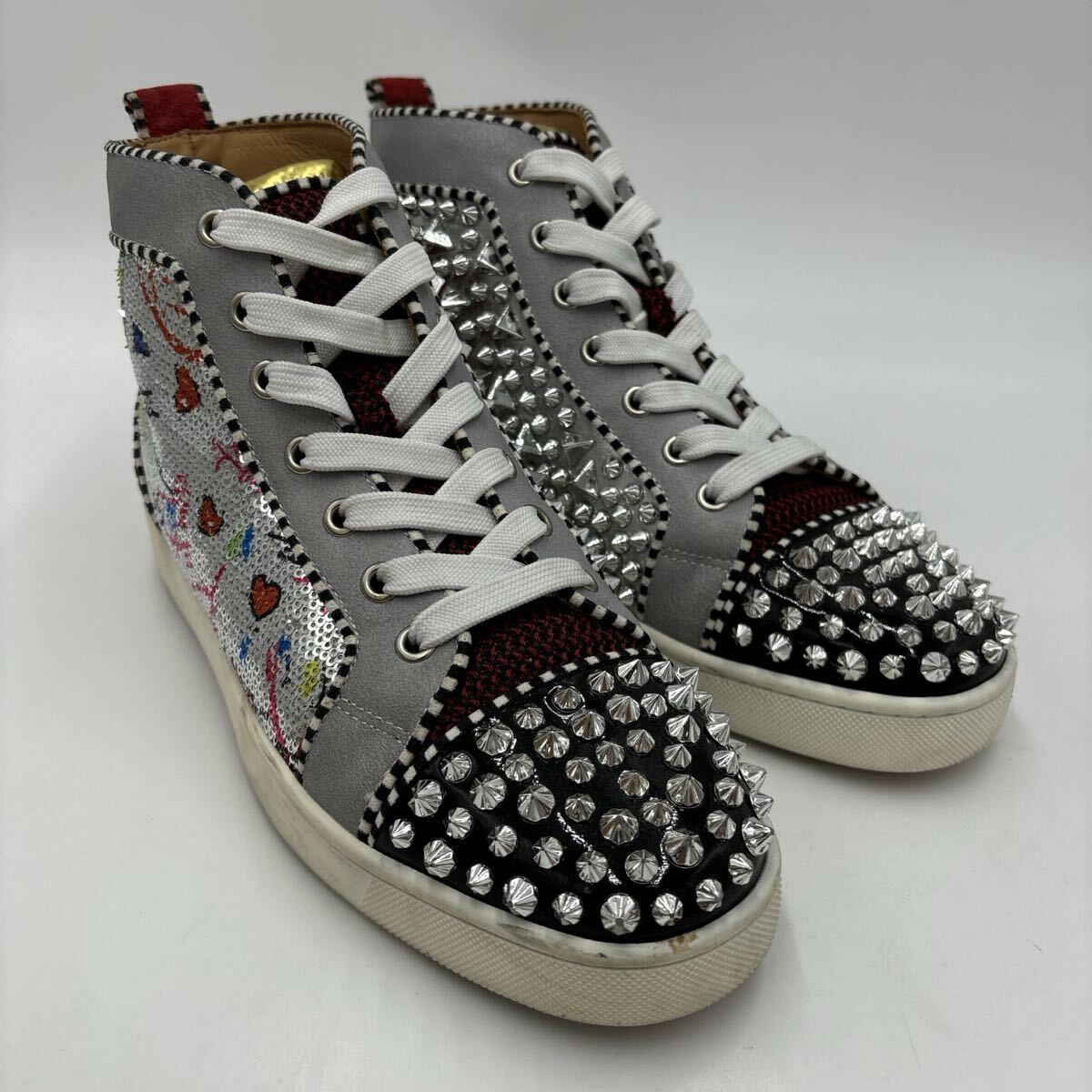 ＊ 付屬品完備 18SS Christian Louboutin クリスチャンルブタン NO LIMIT FLAT PAT NACR スタッズ HIGH CUT スニーカー EU40 25.5cm メンズ
