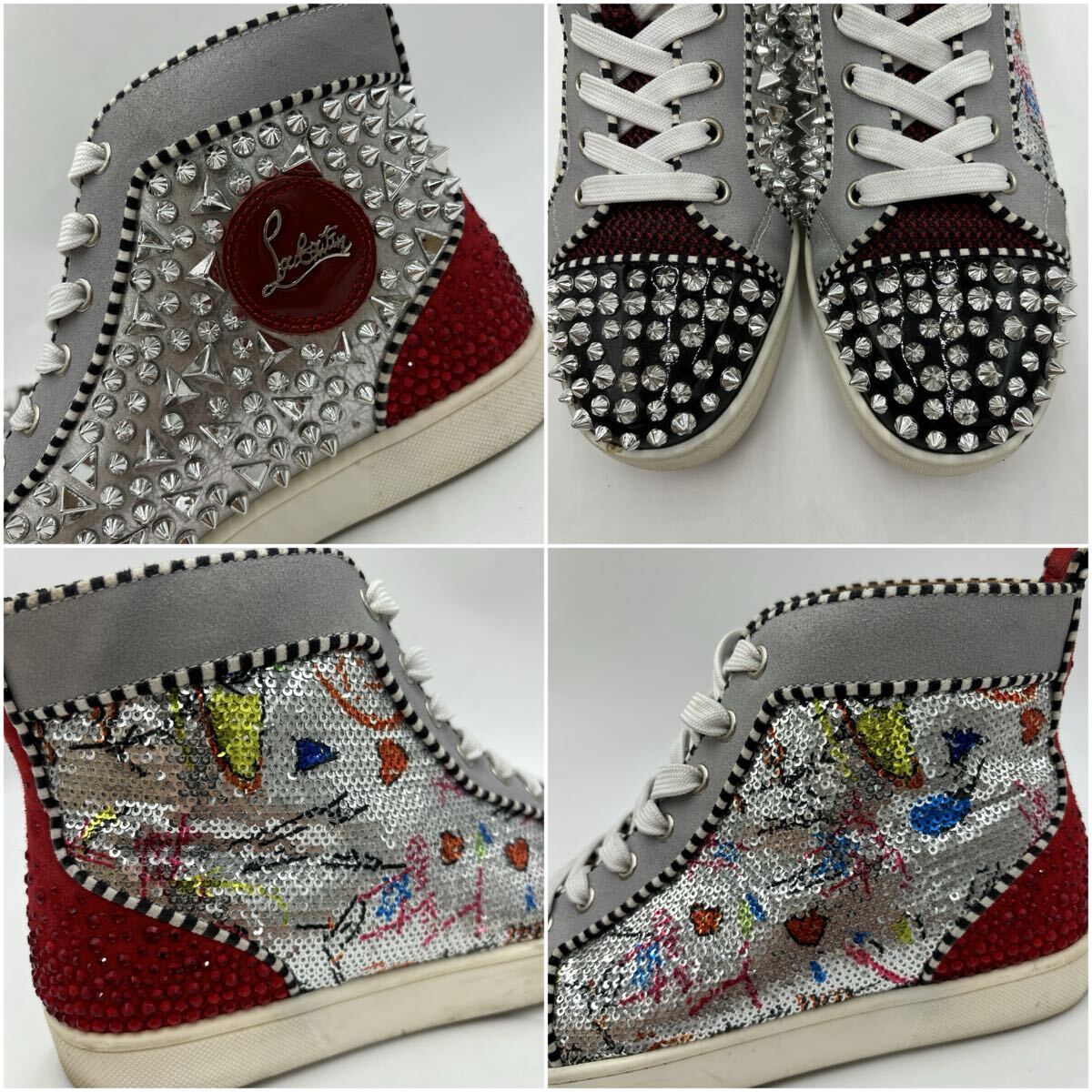 ＊ 付屬品完備 18SS Christian Louboutin クリスチャンルブタン NO LIMIT FLAT PAT NACR スタッズ HIGH CUT スニーカー EU40 25.5cm メンズ