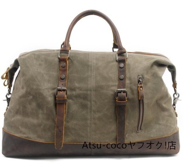 上品メンズバッグ トートバッグ 2WAY　ショルダー　牛革　キャンバス 旅行　 大容量多機(jī)能 防水　耐久　A4　カーキ