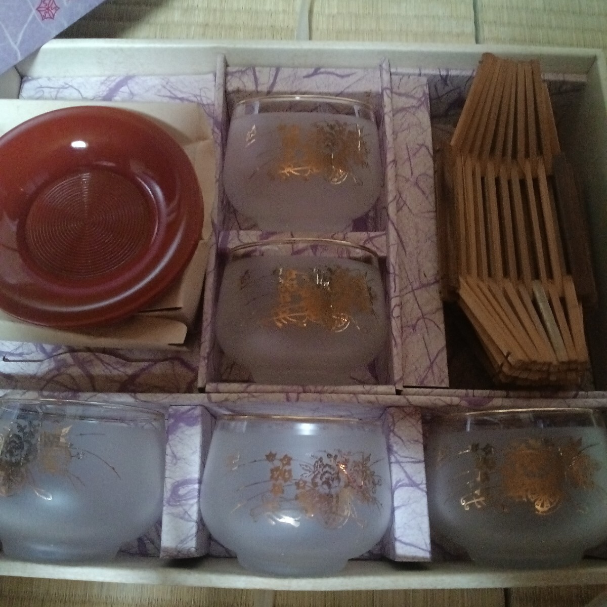 佐々木硝子　昭和レトロ　花ぐるま グラス 5客セット　おしぼり　茶托　夏用