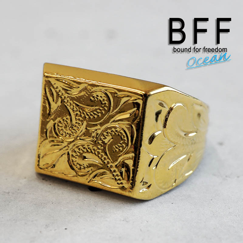 (14号) BFF ブランド ハワイアンリング メンズ 印台リング 四角 スクエア ゴールド 18K GP 専用BOX付属