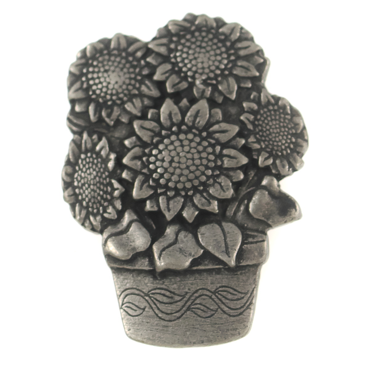 A10428◆◆ ヒマワリの花の鉢植え フラワーモチーフ 2006年 ピューター製 ◆ ヴィンテージブローチ ◆