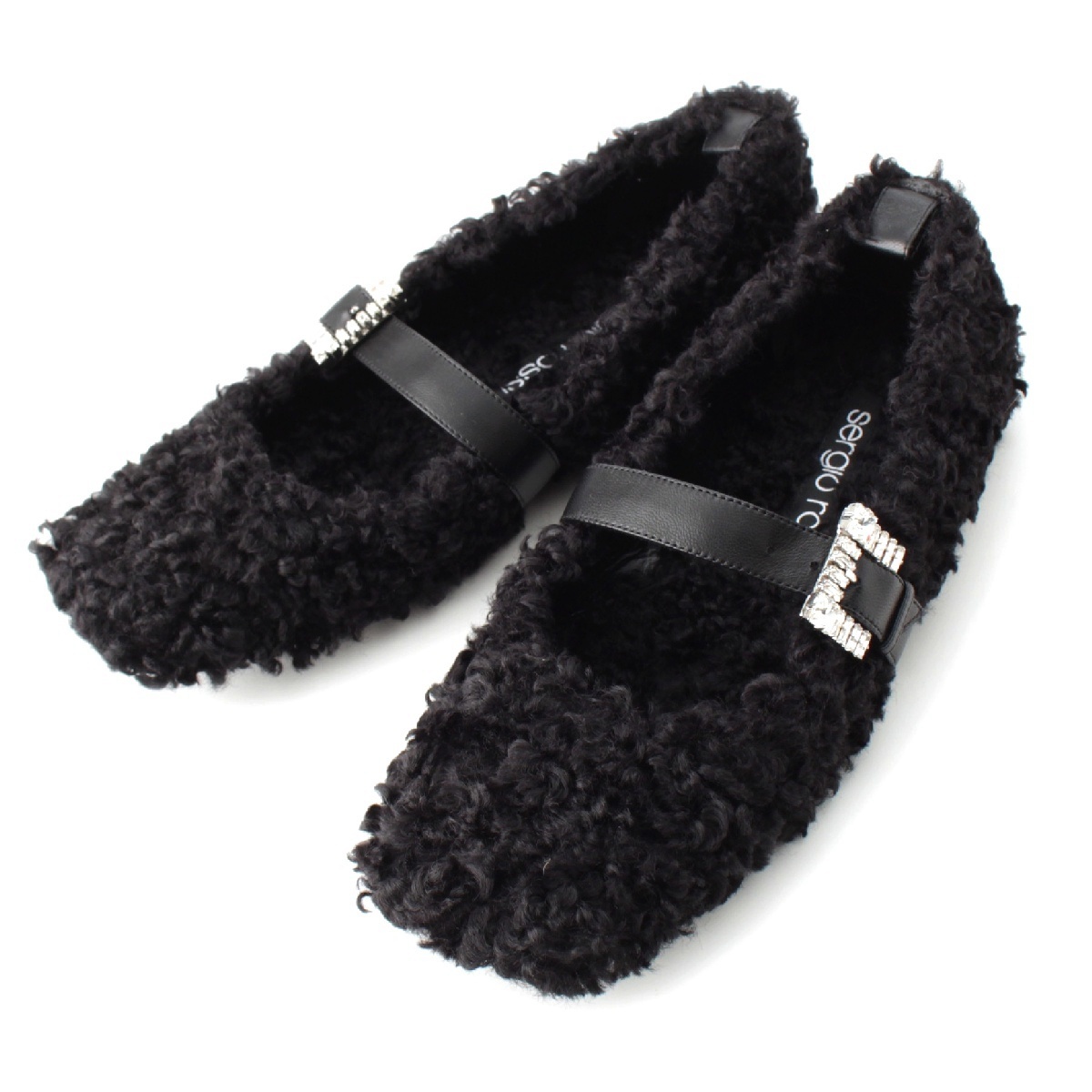 セルジオロッシ SR TWENTY BUCKLE ファー バレリーナ ビジュー フラット シューズ ブラック 38