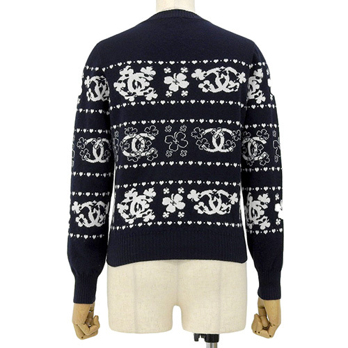CHANEL(シャネル) ココマーク クローバー柄ニット P63 アパレル セーター 34 カシミヤ ネイビー紺 白 40803002310【中古】【アラモード】