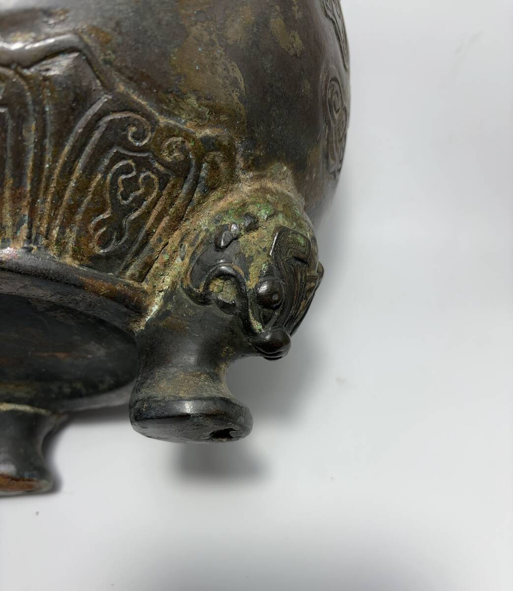 中国美術 銅製 青銅器 倣青銅器 獣面紋三足香炉 戦国 鼎 香爐 中国美術 銅製 青銅器 倣青銅器 獣面紋三足香炉 戦国 鼎 香爐