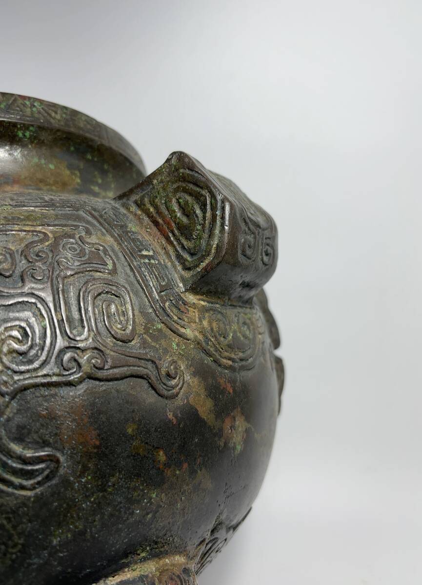 中国美術 銅製 青銅器 倣青銅器 獣面紋三足香炉 戦国 鼎 香爐 中国美術 銅製 青銅器 倣青銅器 獣面紋三足香炉 戦国 鼎 香爐