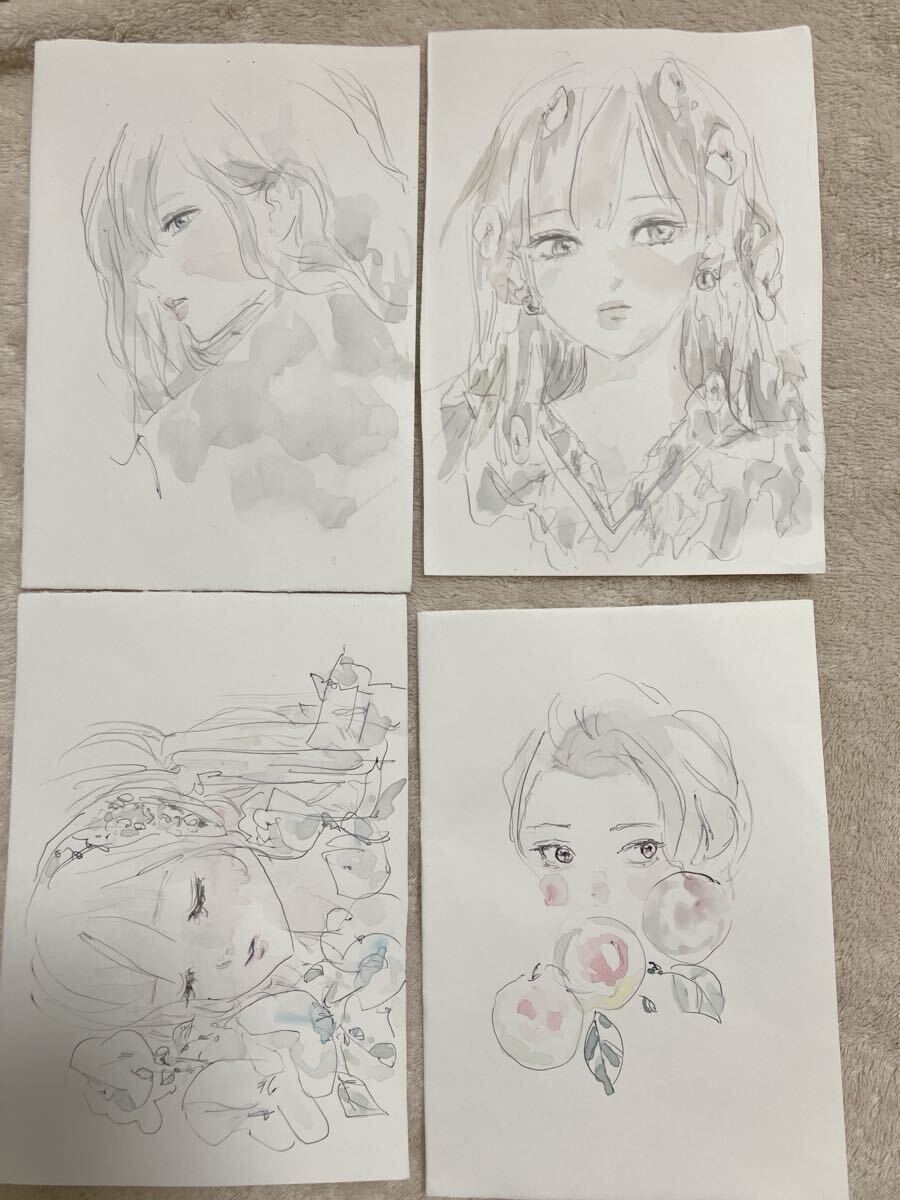 8枚セット 手描きイラスト 水彩画 鉛筆画 イラスト 女の子