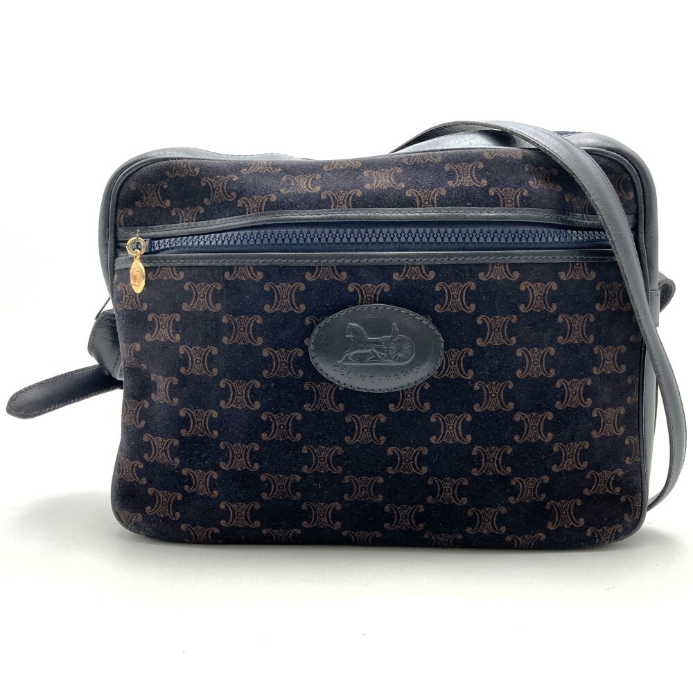10％OFF!!!セール【6/11まで】CELINE セリーヌ 斜め掛けショルダーバッグ スウェード マカダム ヴィンテージ 馬車 ネイビー/ブラック