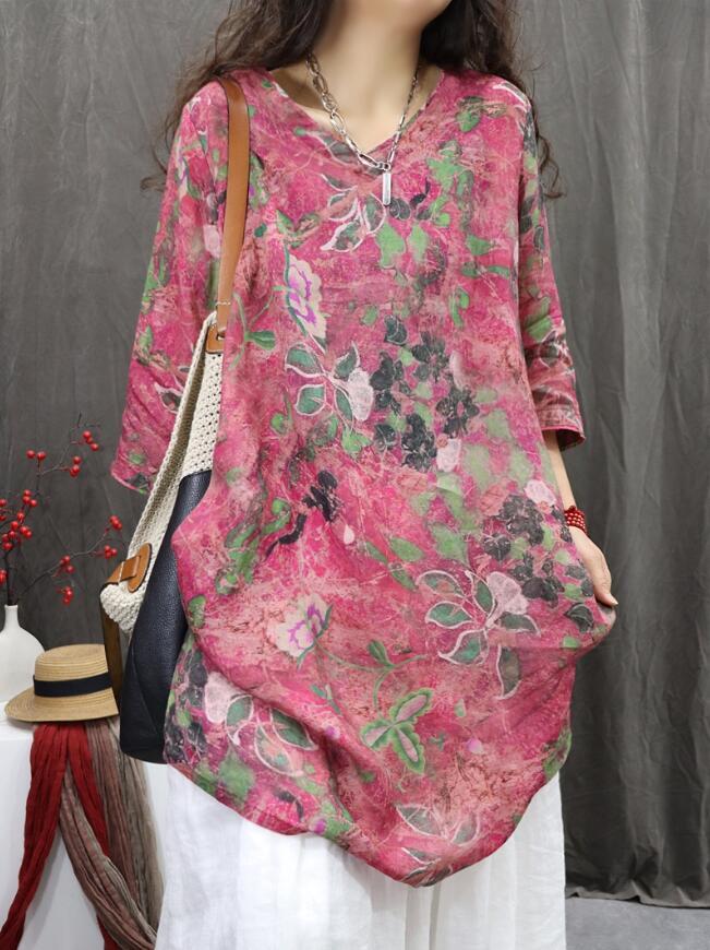 新入荷*シャツワンピース カジュアル チュニック レディース ロングシャツ プリント柄 長袖 トップス おしゃれ 通勤 お洒落 バラ色