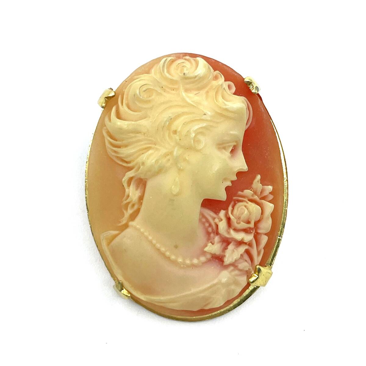 ブローチ カメオ オレンジ系 ゴールド金具 婦人 横顔 花 フラワー 繊細 オーバル 横(W)：2.5cm 縦(H)：3.3cm