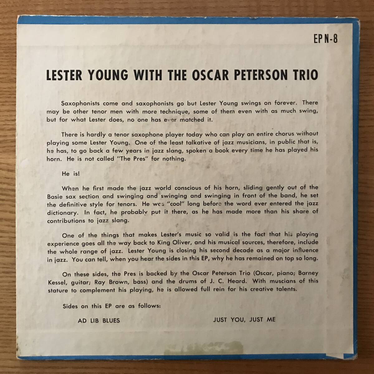 【送料込】LESTER YOUNG WITH THE OSCAR PETERSON TRIO　 NORGRAN EP N-8 original盤　美盤_画像2