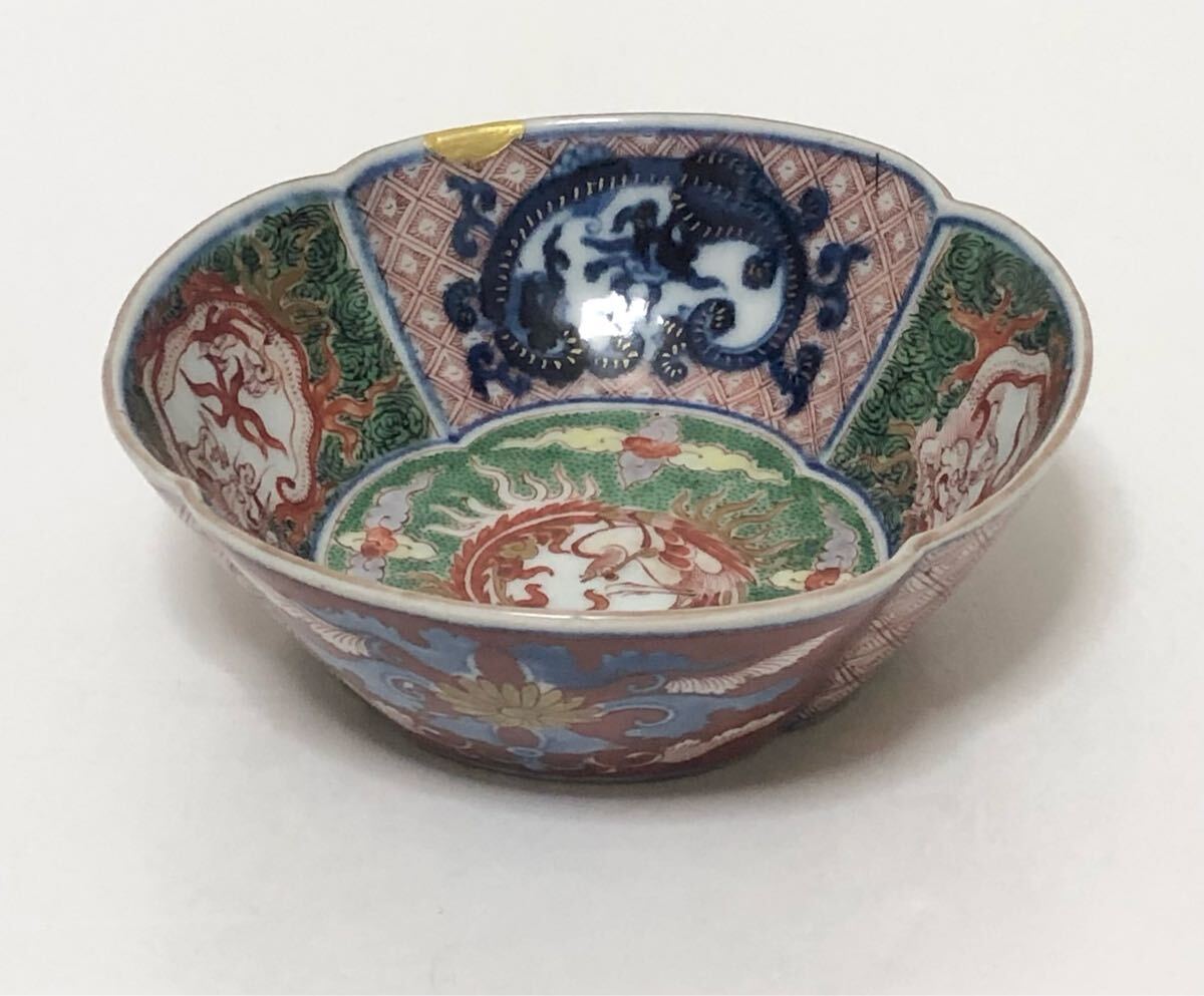  старый Imari . хорошо сделанный Edo времена изначальный . период (1688~1704 год ). произведение осуществлен цветная роспись . феникс . дракон документ дерево . type маленькая миска 