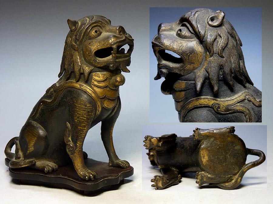 夢たま】伝世品!唐物 明代 古銅 唐銅 鍍金獅子香炉 唐木台付き 夢たま】伝世品!唐物 明代 古銅 唐銅 鍍金獅子香炉 唐木台付き