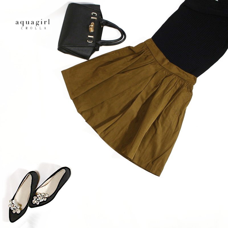 美品 クローラ CROLLA アクアガール 株) ワールド 合物 秋 冬 ナイロン 綺麗め 膝下丈 ギャザー フレアスカート 36 7号 コーヒー ブラウン_画像1
